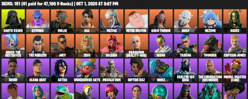 Fortnite account inventory for Darth Vader - Kymera - 120 Outfits