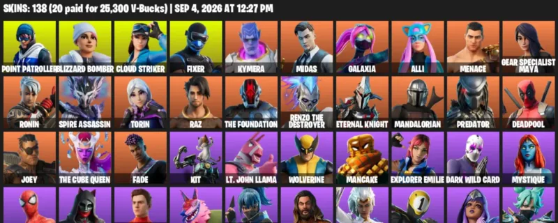 Fortnite account inventory for LVL 2515 - Point Patroller - Blizzard Bomber - 138 Outfits