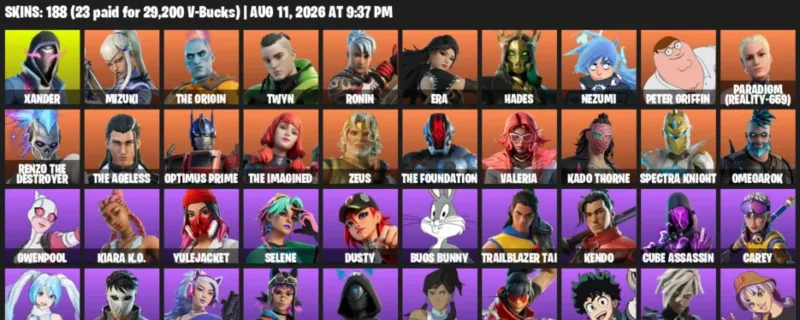Fortnite account inventory for LVL 2427 - Xander - Mizuki - 188 Outfits
