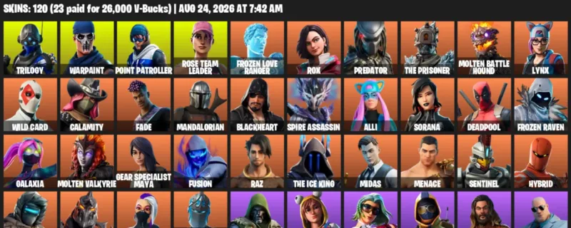 Fortnite account inventory for LVL 1169 - Trilogy - Warpaint - 120 Outfits