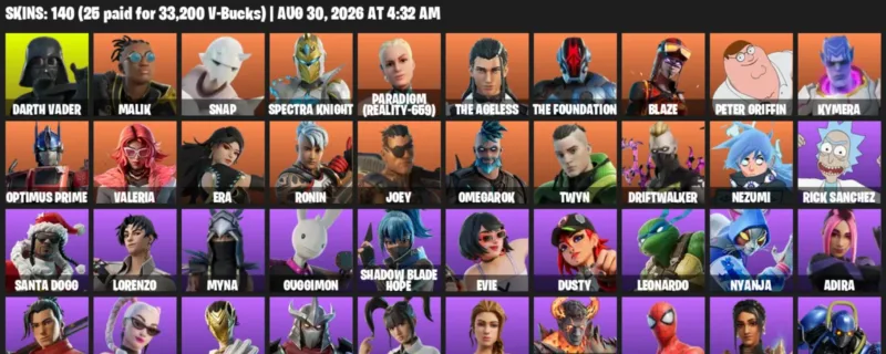 Fortnite account inventory for LVL 1468 - Darth Vader - Malik - 140 Outfits