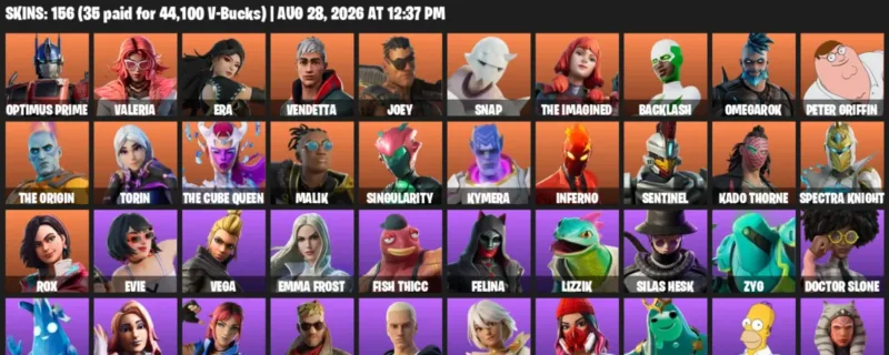 Fortnite account inventory for LVL 2259 - Optimus Prime - Valeria - 156 Outfits