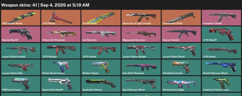 Valorant account inventory for LVL 155 · Xenohunter Knife & RGX 11z Pro Blade