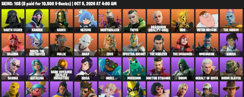 Fortnite account inventory for Darth Vader - Xander - 108 Outfits