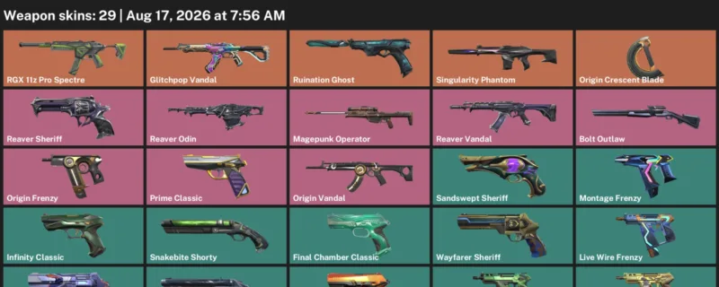 Valorant account inventory for LVL 224 · Glitchpop Vandal & Origin Crescent Blade