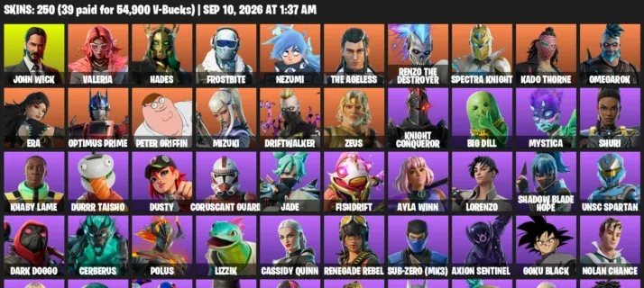 Fortnite account inventory for LVL 2975 - John Wick - Valeria - 250 Outfits