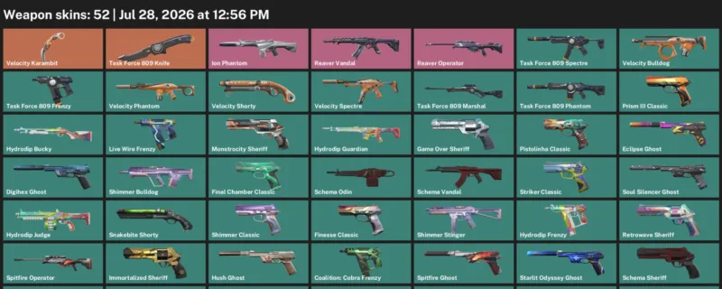 Valorant Accounts listing: LVL 343 · Task Force 809 Knife & Velocity Karambit · 52 Skins - Gold 2, 52 skins