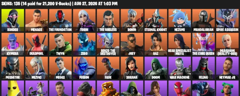 Fortnite account inventory for LVL 2913 - Xander - Menace - 135 Outfits