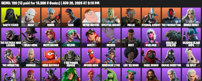 Fortnite account inventory for LVL 1232 - Darth Vader - Snap - 109 Outfits