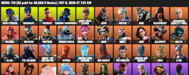 Fortnite account inventory for Blue Striker - Warpaint - 120 Outfits