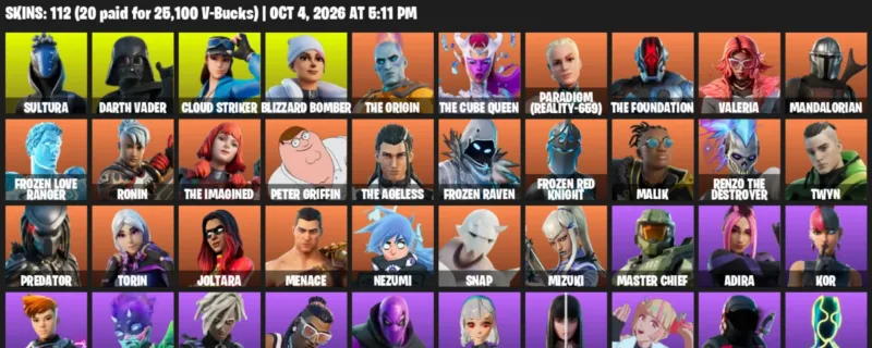 Fortnite account inventory for Sultura - Darth Vader - 112 Outfits