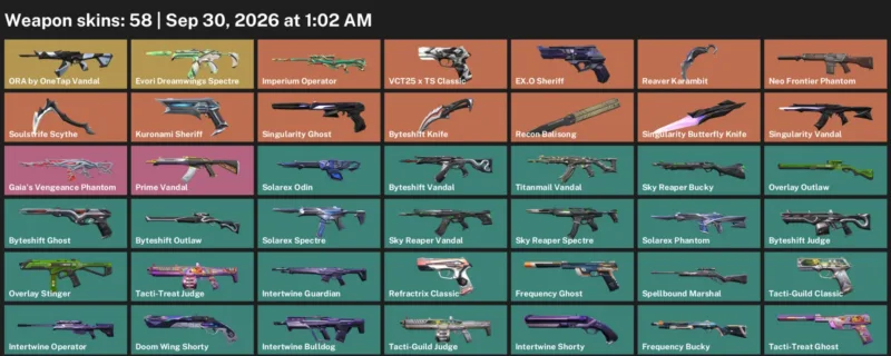 Valorant account inventory for LVL 80 · Byteshift Knife & Reaver Karambit & Soulstrife Scythe