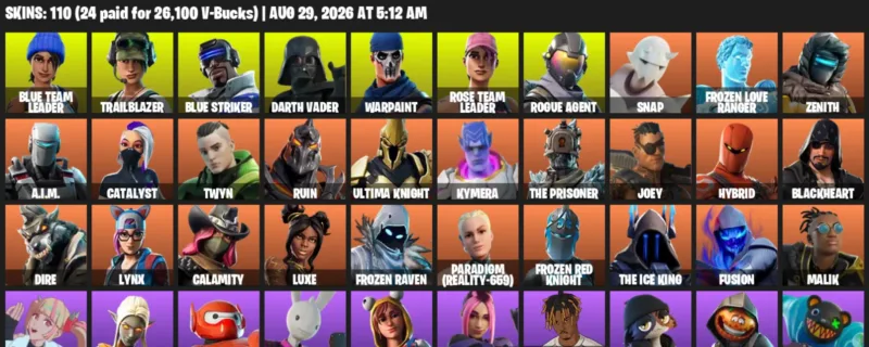 Fortnite account inventory for LVL 1798 - Blue Team Leader - Trailblazer - 110 Outfits
