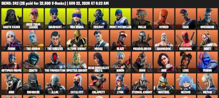 Fortnite account inventory for LVL 3310 - Darth Vader - Rose Team Leader - 242 Outfits