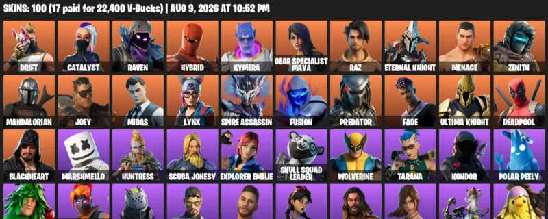 Fortnite account inventory for LVL 1140 - Drift - Catalyst - 100 Outfits