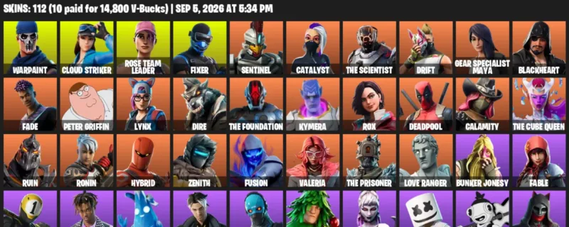 Fortnite account inventory for LVL 1171 - Warpaint - Cloud Striker - 112 Outfits