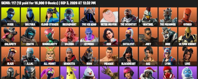 Fortnite account inventory for LVL 1884 - Fixer - Sultura - 117 Outfits