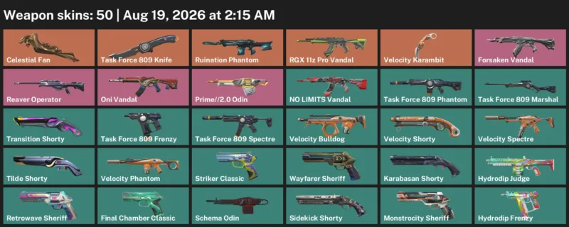 Valorant account inventory for LVL 281 · Velocity Karambit & Celestial Fan & Task Force 809 Knife