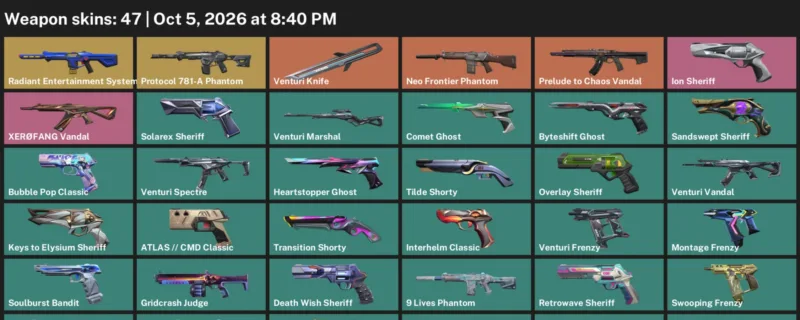 Valorant account inventory for LVL 607 · Venturi Knife & 9 Lives Phantom