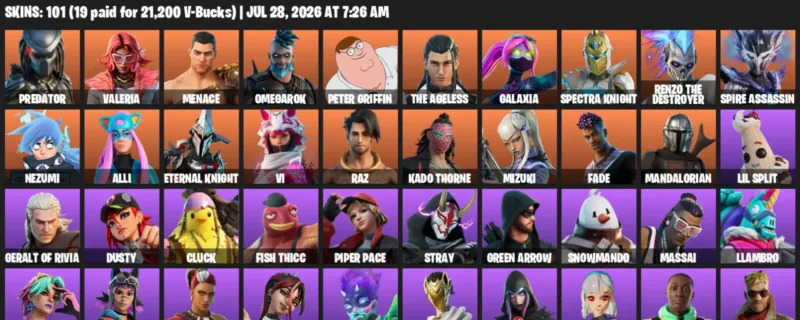 Fortnite Accounts listing: LVL 1640 - Predator - Valeria - 101 Outfits - 101 outfits