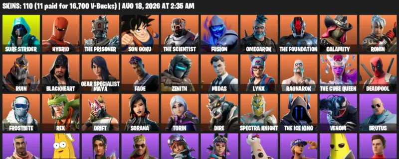 Fortnite account inventory for LVL 1467 - Surf Strider - Hybrid - 110 Outfits