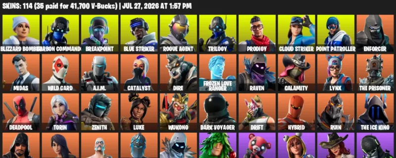 Fortnite Accounts listing: LVL 1984 - Blizzard Bomber - Carbon Commando - 114 Outfits - 114 outfits