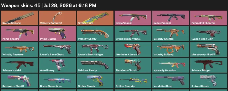 Valorant Accounts listing: LVL 223 · Striker Knife & Velocity Karambit · 45 Skins - Platinum 1, 45 skins