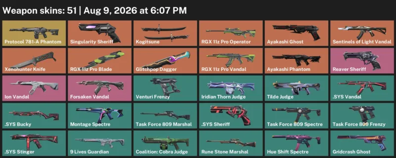 Valorant account inventory for LVL 47 · Glitchpop Dagger & RGX 11z Pro Blade & Xenohunter Knife