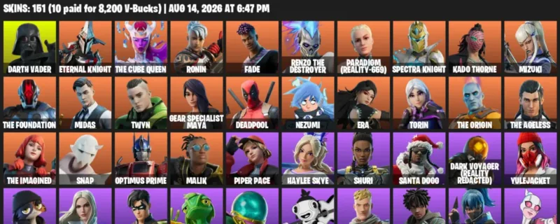 Fortnite account inventory for LVL 3309 - Darth Vader - Eternal Knight - 151 Outfits
