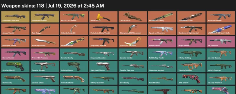 Valorant Accounts listing: LVL 213 · Celestial Fan & Champions 2021 Karambit · 118 Skins - Platinum 2, 118 skins