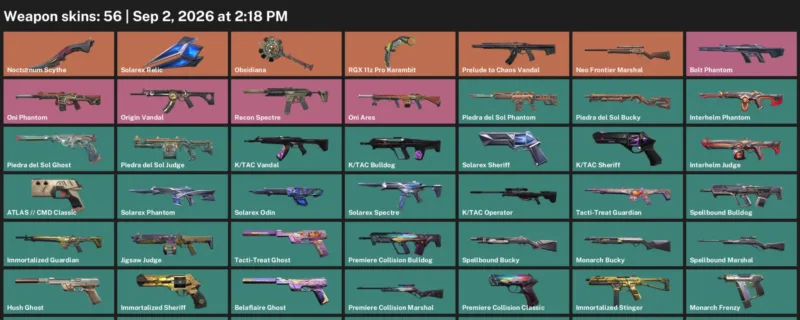 Valorant account inventory for LVL 102 · Nocturnum Scythe & RGX 11z Pro Karambit