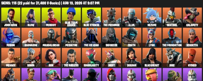 Fortnite account inventory for LVL 1564 - John Wick - Glow - 115 Outfits
