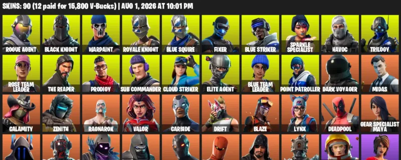 Fortnite account inventory for LVL 1130 - Rogue Agent - Black Knight - 90 Outfits