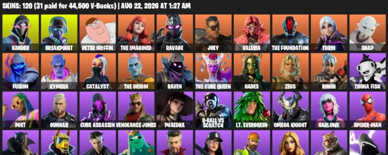 Fortnite account inventory for LVL 1755 - Xander - Breakpoint - 120 Outfits