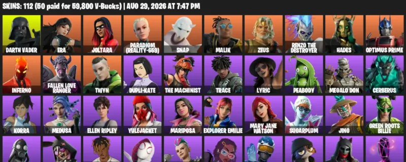 Fortnite account inventory for LVL 2114 - Darth Vader - Era - 112 Outfits