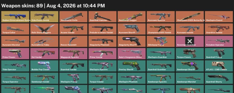 Valorant account inventory for LVL 183 · 89 Skins Champions 2025 Butterfly Knife & Reaver Karambit