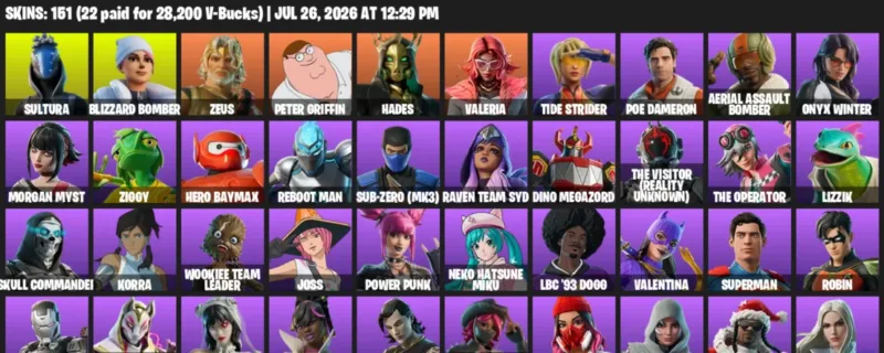 Fortnite Accounts listing: LVL 1640 - Sultura - Blizzard Bomber - 151 Outfits - 151 outfits