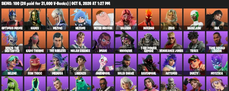 Fortnite account inventory for Optimus Prime - Hades - 100 Outfits