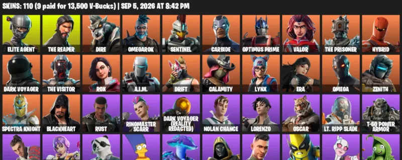 Fortnite account inventory for LVL 2479 - Elite Agent - The Reaper - 110 Outfits