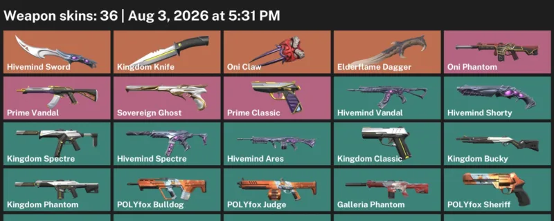 Valorant account inventory for LVL 43 · 36 Skins Elderflame Dagger & Elderflame Dagger & Hivemind Sword