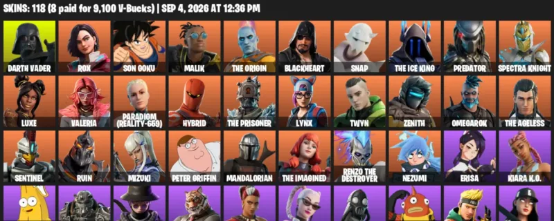 Fortnite account inventory for LVL 1799 - Darth Vader - Rox - 118 Outfits