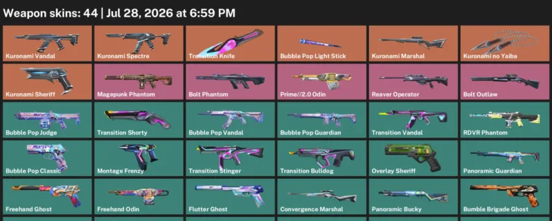 Valorant Accounts listing: LVL 174 · Kuronami no Yaiba & Transition Knife · 44 Skins - Bronze 1, 44 skins