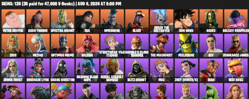 Fortnite account inventory for LVL 2591 - Peter Griffin - Kado Thorne - 135 Outfits