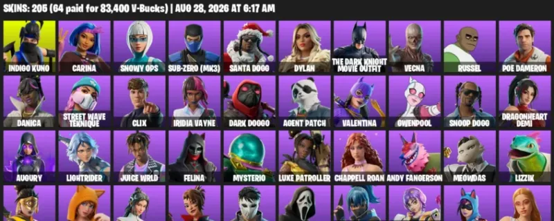 Fortnite account inventory for LVL 2863 - Indigo Kuno - Carina - 205 Outfits