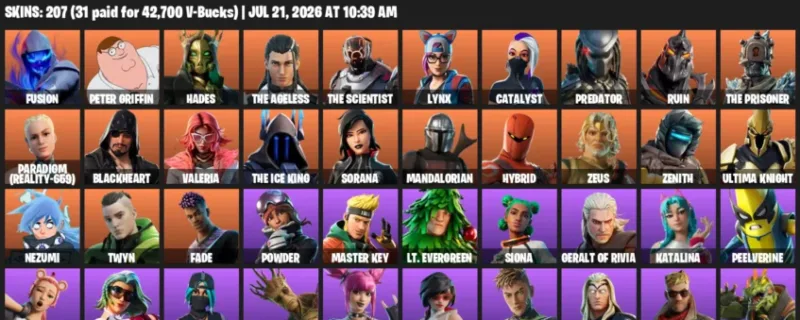 Fortnite Accounts listing: LVL 3066 - Fusion - Peter Griffin - 207 Outfits - 207 outfits