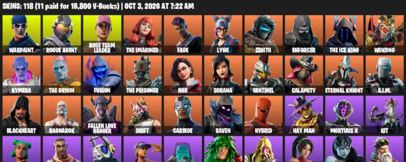 Fortnite account inventory for Warpaint - Rogue Agent - 118 Outfits