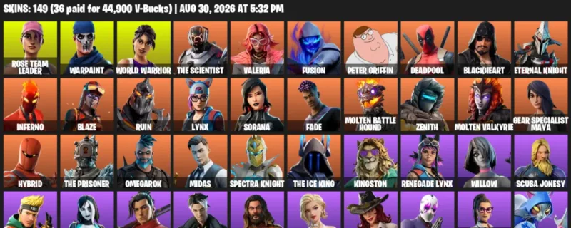 Fortnite account inventory for LVL 2516 - Rose Team Leader - Warpaint - 149 Outfits