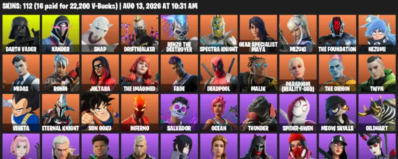 Fortnite account inventory for LVL 1531 - Darth Vader - Xander - 112 Outfits
