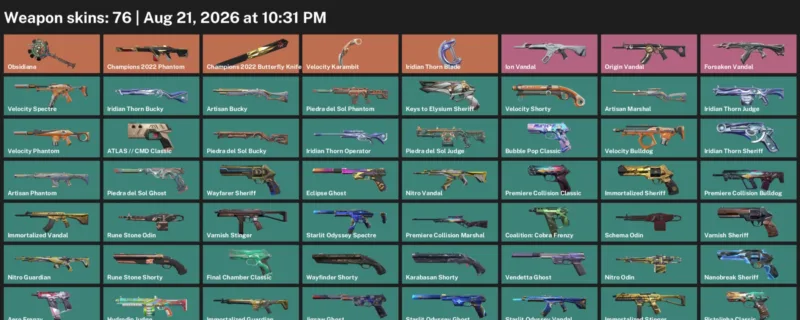 Valorant account inventory for LVL 336 · 76 Skins Champions 2022 Butterfly Knife & Velocity Karambit