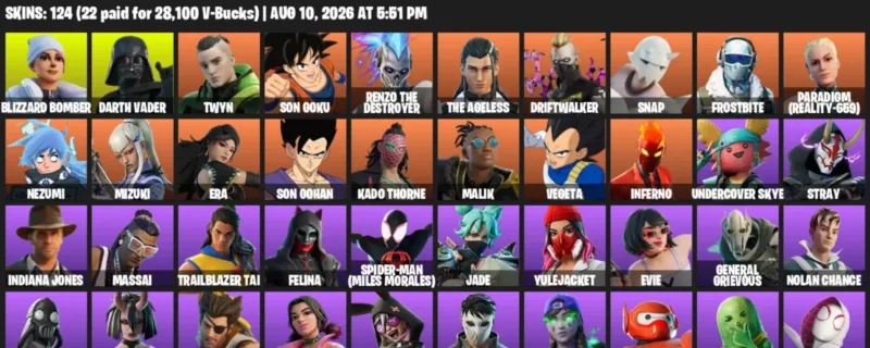 Fortnite account inventory for LVL 1386 - Blizzard Bomber - Darth Vader - 124 Outfits